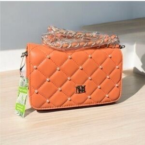 Badgley Mischka Diamond Quilted Crossbody Bag W/ Pearls Coral